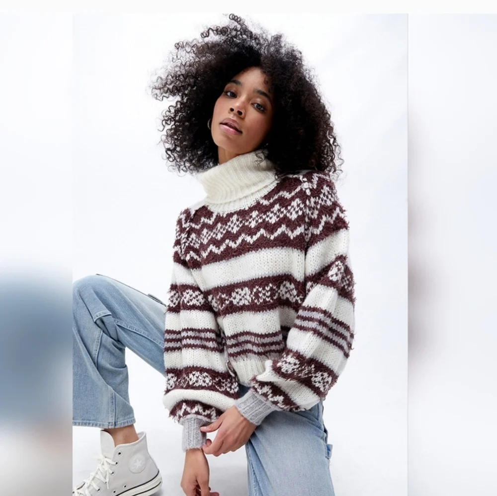 FREE PEOPLE Check Me Out Brown and Cream Turtleneck Cropped Sweater NWT M